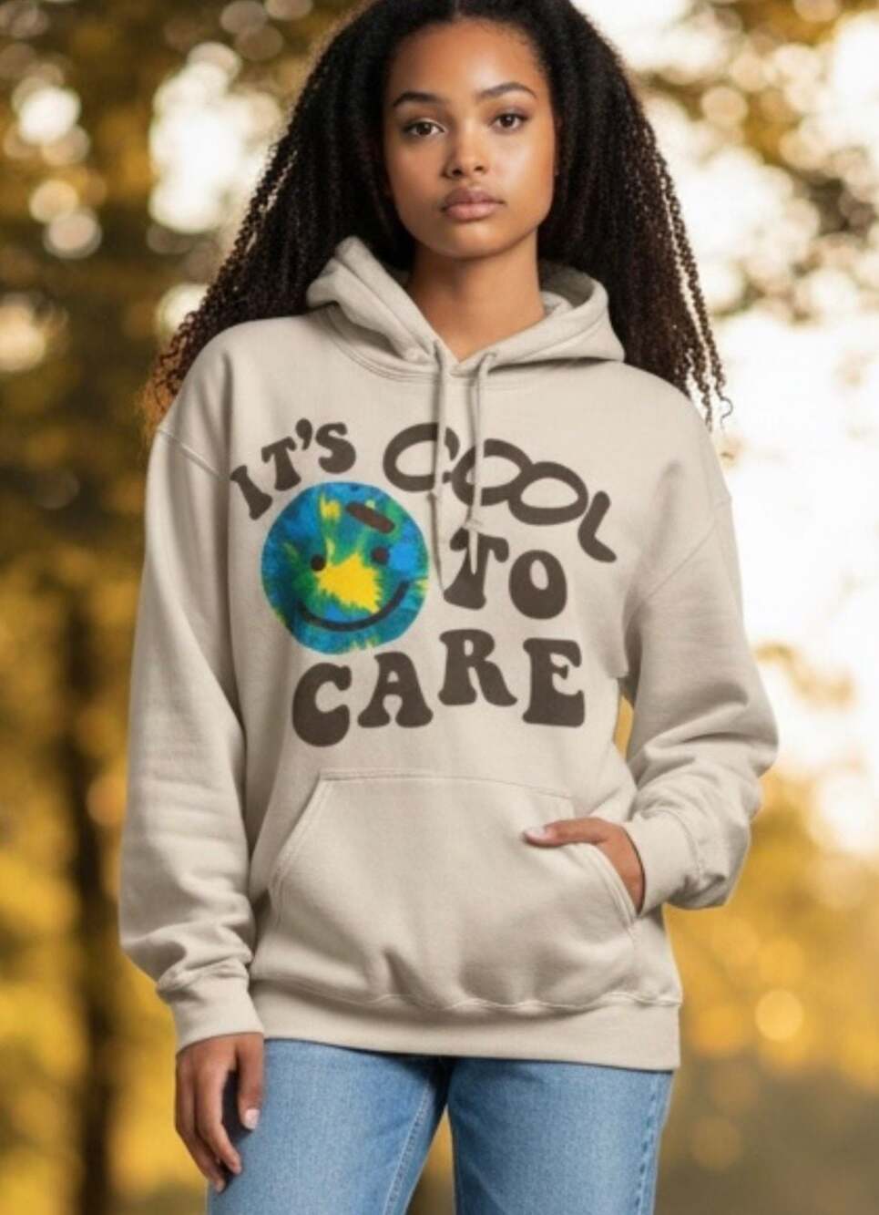 Lonely Ghost It's Cool To Care Beige Hoodie Sweatshirt Size L Adult